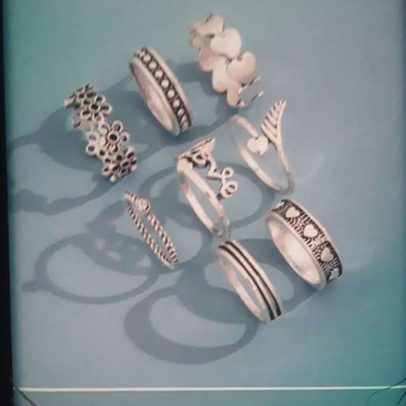 8 Piece Silver Boho midi Ring Set - Picture 2 of 4
